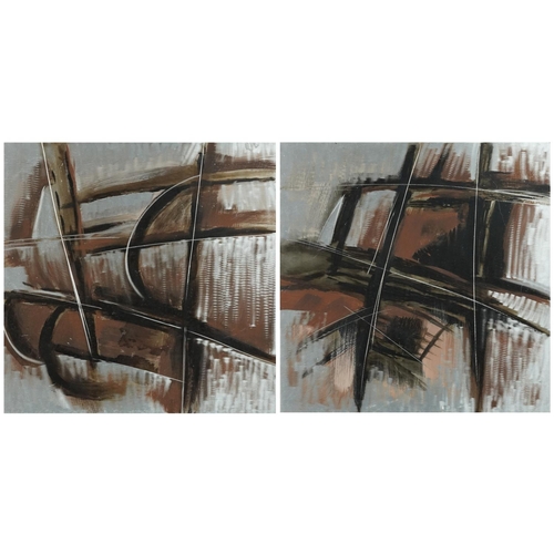 2231 - Abstract oil on polished aluminium pictures, contemporary mounted on canvas backed frames, each 62cm... 