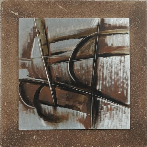 2231 - Abstract oil on polished aluminium pictures, contemporary mounted on canvas backed frames, each 62cm... 