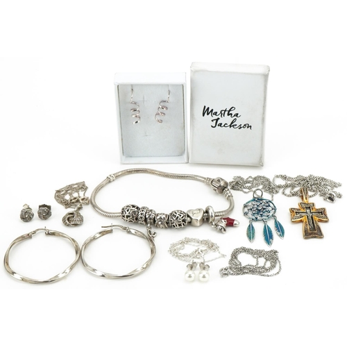 3418 - Vintage and later silver jewellery including Pandora charm bracelet, Renaissance Revival crucifix pe... 