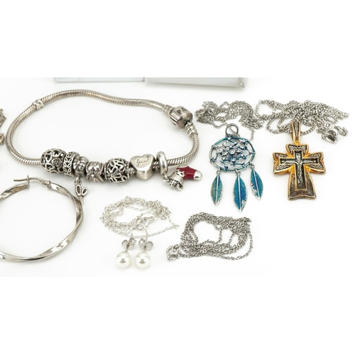 3418 - Vintage and later silver jewellery including Pandora charm bracelet, Renaissance Revival crucifix pe... 