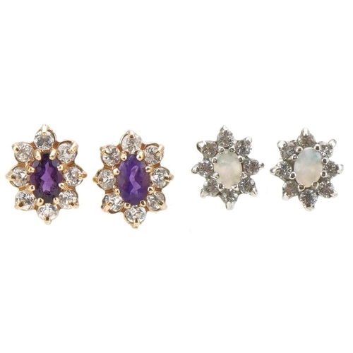 3103 - Two pairs of 9ct gold flower head stud earrings, including opal and amethyst, the largest 10mm high,... 