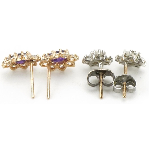 3103 - Two pairs of 9ct gold flower head stud earrings, including opal and amethyst, the largest 10mm high,... 