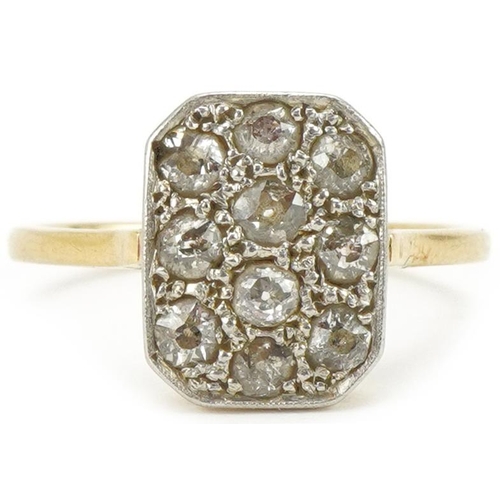 3026 - Art Deco 18ct gold and platinum diamond cluster ring housed in a Sanders Jewellers Ltd Bakelite box,... 