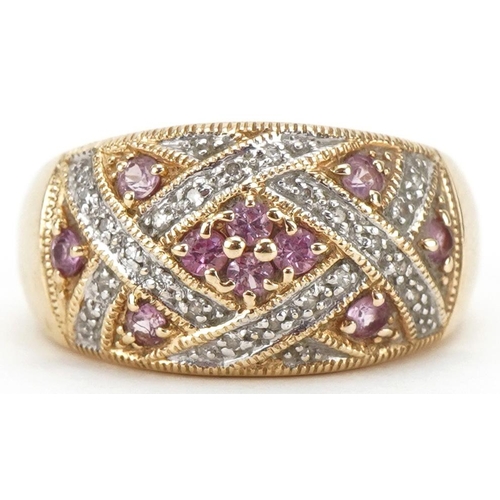 3364 - 9ct gold diamond and pink stone dress ring, size Q, 4.6g