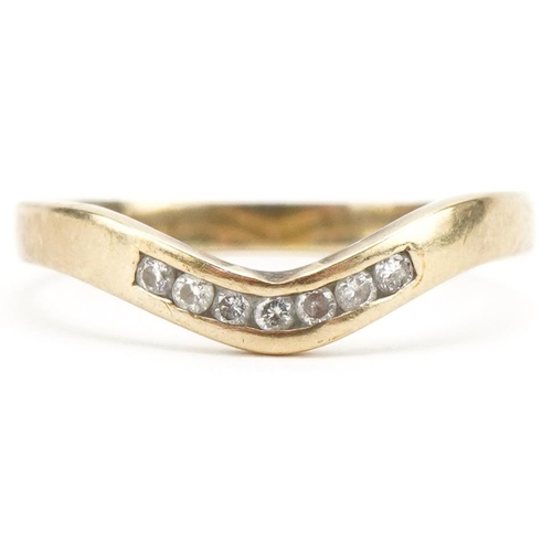 3342 - 9ct gold diamond wishbone ring, size O, 1.3g