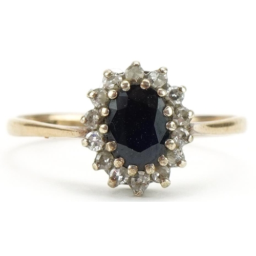 3315 - 9ct gold sapphire and diamond cluster ring, size Q, 1.7g