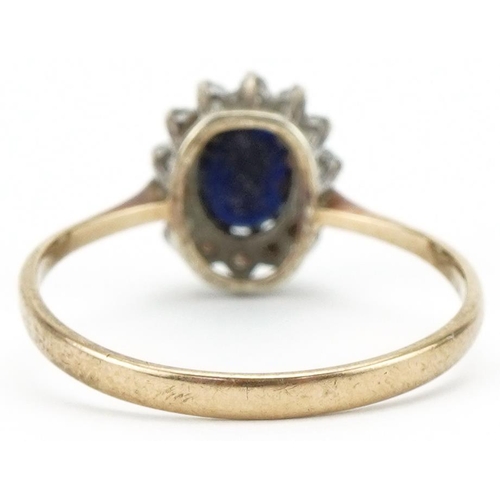 3315 - 9ct gold sapphire and diamond cluster ring, size Q, 1.7g