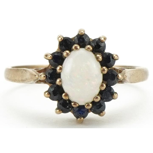 3202 - 9ct gold cabochon opal and sapphire cluster ring, size M, 2.4g