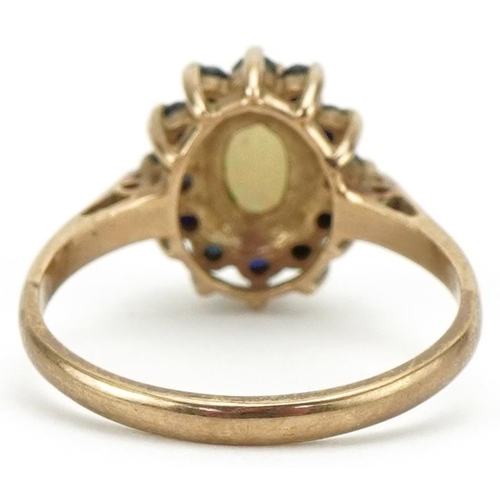 3202 - 9ct gold cabochon opal and sapphire cluster ring, size M, 2.4g