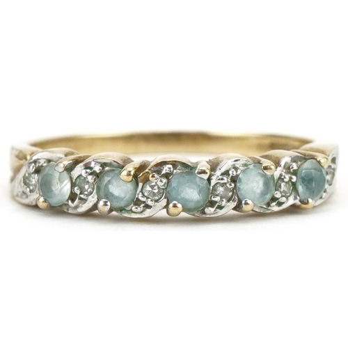 3366 - 9ct gold aquamarine and diamond half eternity ring, size O/P, 1.9g