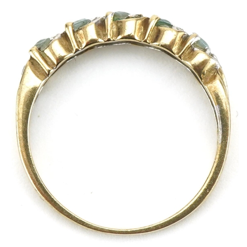 3366 - 9ct gold aquamarine and diamond half eternity ring, size O/P, 1.9g