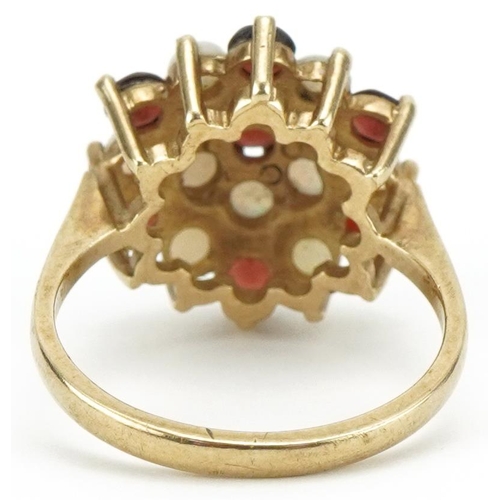 3324 - 9ct gold garnet and opal three tier cluster ring, size M/N, 4.2g