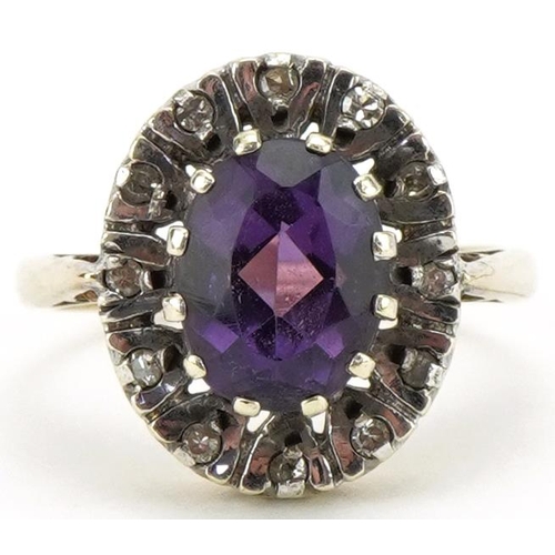 3095 - 9ct gold amethyst and diamond cluster ring, size I/J, 3.8g