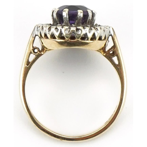 3095 - 9ct gold amethyst and diamond cluster ring, size I/J, 3.8g