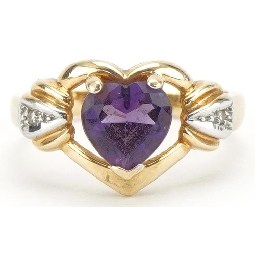 3083 - 9ct gold amethyst love heart ring with diamond set shoulders, size K, 2.9g