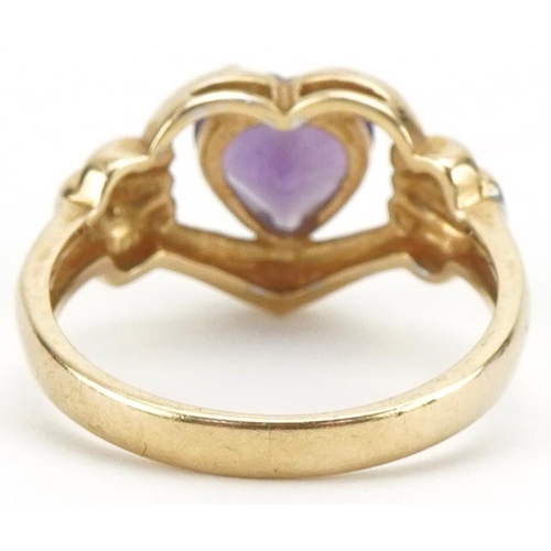 3083 - 9ct gold amethyst love heart ring with diamond set shoulders, size K, 2.9g