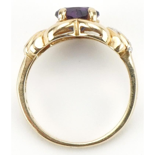 3083 - 9ct gold amethyst love heart ring with diamond set shoulders, size K, 2.9g