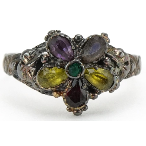 3130 - Antique white metal multi gem flower head ring, size K, 2.0g