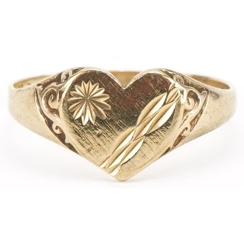 3390 - 9ct gold engraved love heart signet ring, size N, 1.9g