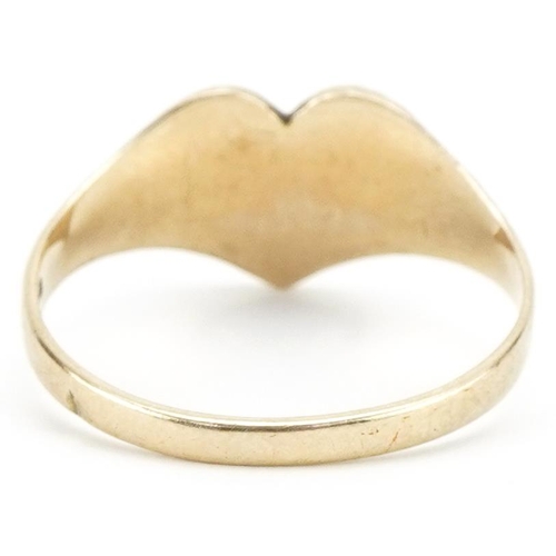 3390 - 9ct gold engraved love heart signet ring, size N, 1.9g