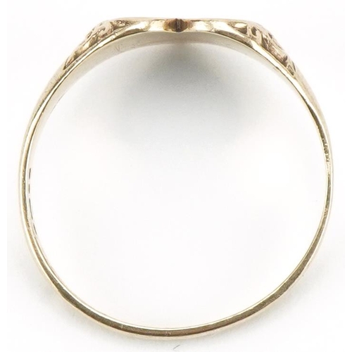 3390 - 9ct gold engraved love heart signet ring, size N, 1.9g