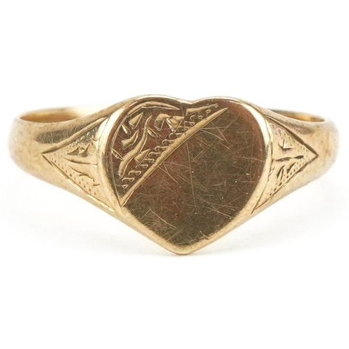 3419 - 9ct gold engraved love heart signet ring, size L, 1.7g