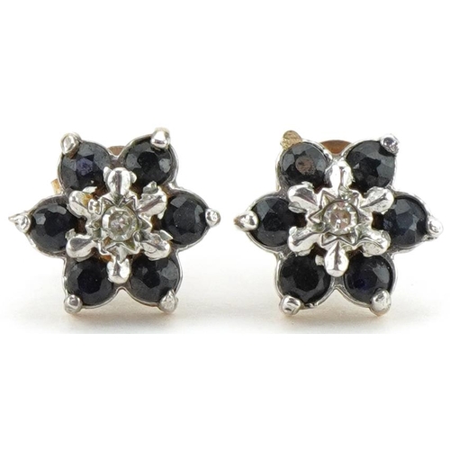 3099 - Pair of unmarked gold diamond and blue spinel flower head earrings, 8.4mm in diameter, total 1.2g