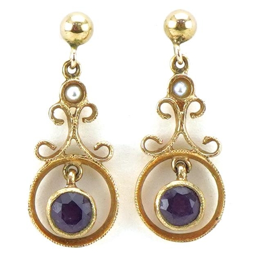 3415 - Pair of 9ct gold amethyst and seed pearl openwork drop earrings, 2cm high, total 1.9g