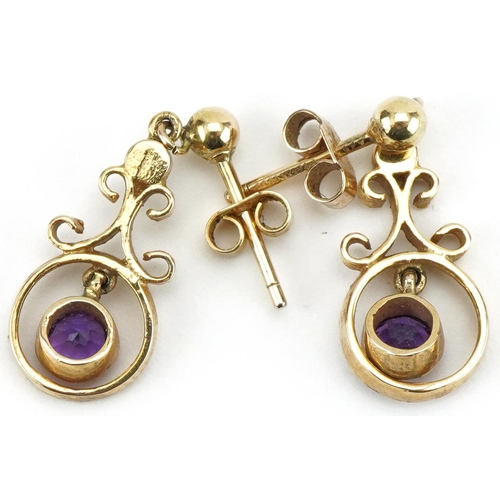 3415 - Pair of 9ct gold amethyst and seed pearl openwork drop earrings, 2cm high, total 1.9g