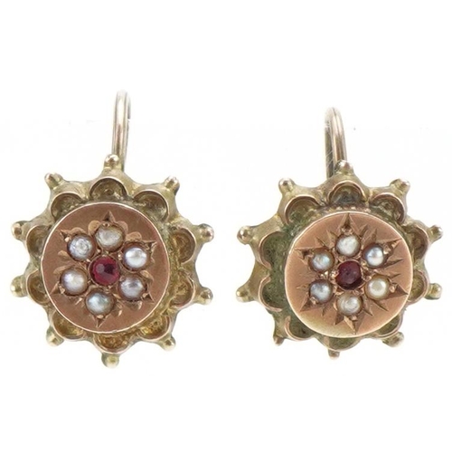 3467 - Pair of Victorian 9ct gold pink stone and seed pearl earrings, 10mm in diameter, 0.9g