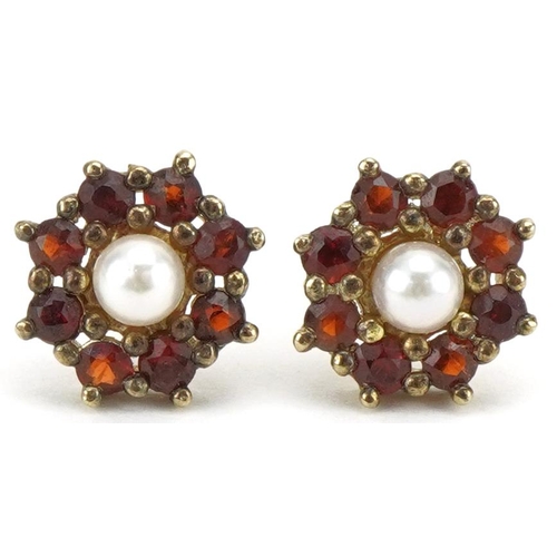 3282 - Pair of 8ct gold garnet and cultured pearl stud earrings, 9mm in diameter, total 1.4g