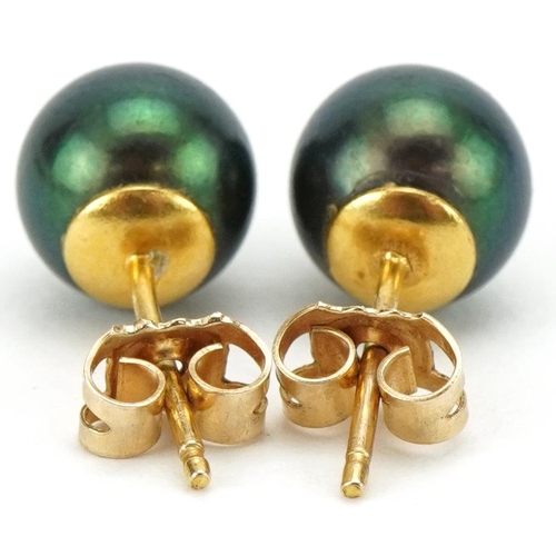 3174 - Pair of yellow metal cultured pearl stud earrings, 8mm in diameter, total 2.0g