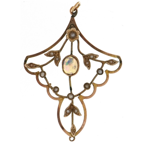 3070 - Art Nouveau unmarked gold opal and seed pearl openwork pendant, 4cm high, 2.3g