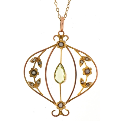 3020 - Art Nouveau 9ct gold seed pearl and green stone openwork pendant on a 9ct gold necklace, 3.5cm high ... 