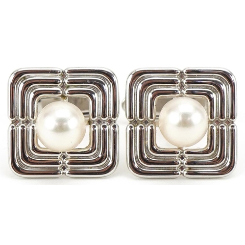 3199 - Mikimoto, pair of Japanese white metal pearl cufflinks, each 1.6cm x 1.6cm, total 8.7g