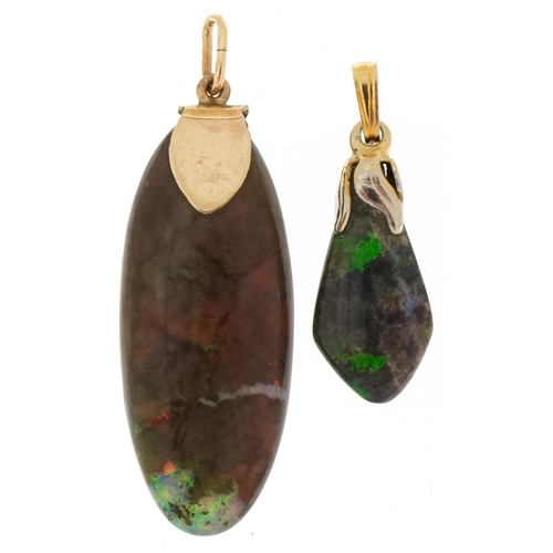 3434 - Two black opal pendants, the largest with 9ct gold mount, 4cm high, total 3.7g