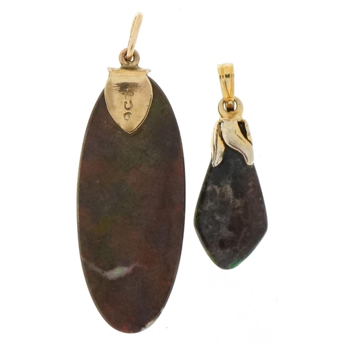 3434 - Two black opal pendants, the largest with 9ct gold mount, 4cm high, total 3.7g