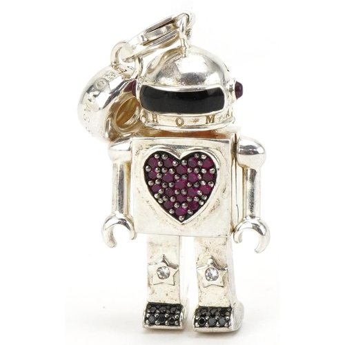 Thomas Sabo silver and enamel pendant/charm in the form of a robot set with rubies, black stones and clear stones, 6cm high, 17.3g