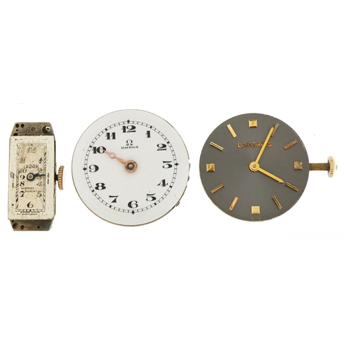 3429 - Five ladies and gentlemen's wristwatch movements comprising Tudor, Omega, Longines and Favre-Lueba, ... 