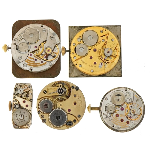 3429 - Five ladies and gentlemen's wristwatch movements comprising Tudor, Omega, Longines and Favre-Lueba, ... 