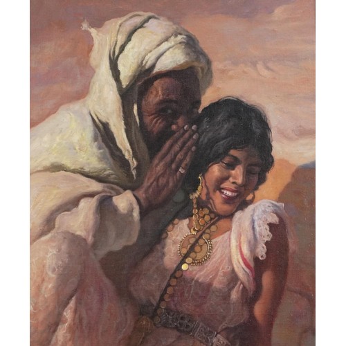 1235 - Male and female, Arab school oil on board, framed, 43cm x 35cm