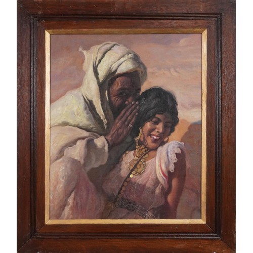 1235 - Male and female, Arab school oil on board, framed, 43cm x 35cm