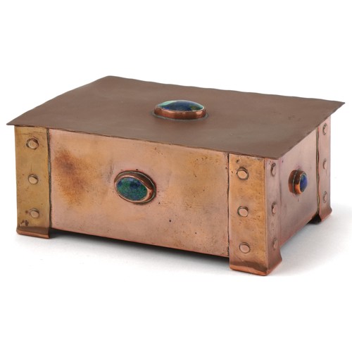 352 - Arts & Crafts copper and wooden box inset with turquoise coloured cabochons, 6cm H x 14cm W x 10cm D