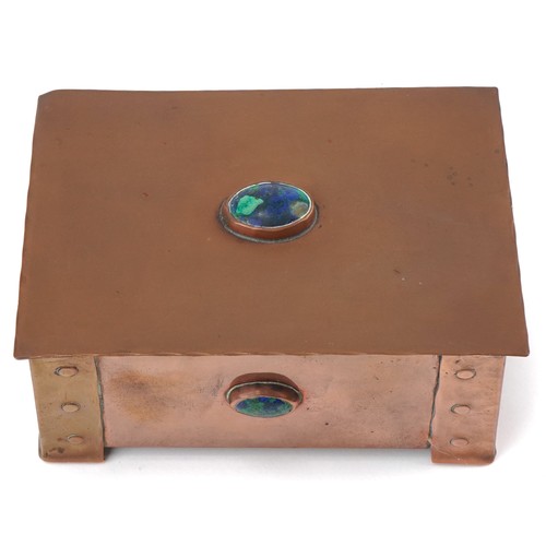 352 - Arts & Crafts copper and wooden box inset with turquoise coloured cabochons, 6cm H x 14cm W x 10cm D