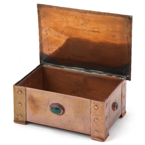 352 - Arts & Crafts copper and wooden box inset with turquoise coloured cabochons, 6cm H x 14cm W x 10cm D