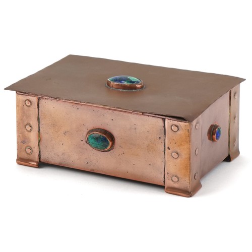 352 - Arts & Crafts copper and wooden box inset with turquoise coloured cabochons, 6cm H x 14cm W x 10cm D