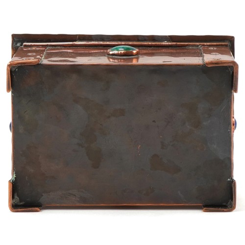 352 - Arts & Crafts copper and wooden box inset with turquoise coloured cabochons, 6cm H x 14cm W x 10cm D