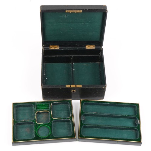 3581 - Victorian black leather jewellery box with two fitted lift out trays, 12.5cm H x 25cm W x 20cm D