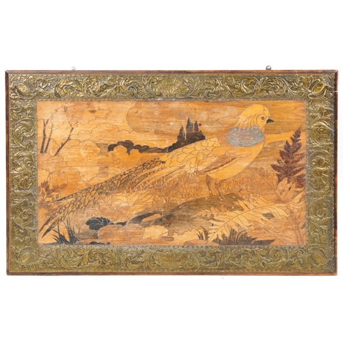 159A - Large Arts & Crafts wooden marquetry panel decorated with a pheasant in a landscape, framed by brass... 