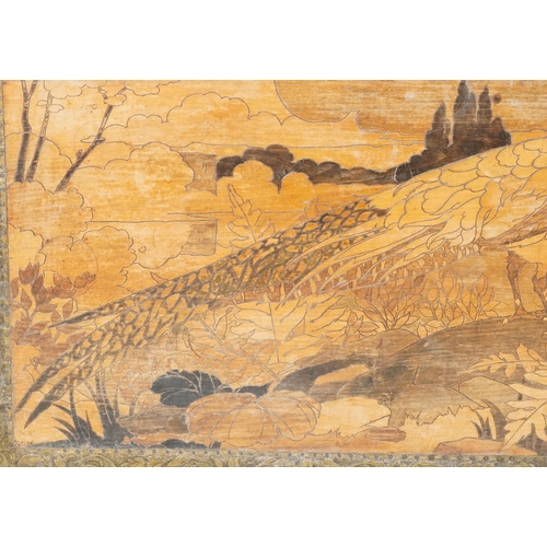 159A - Large Arts & Crafts wooden marquetry panel decorated with a pheasant in a landscape, framed by brass... 